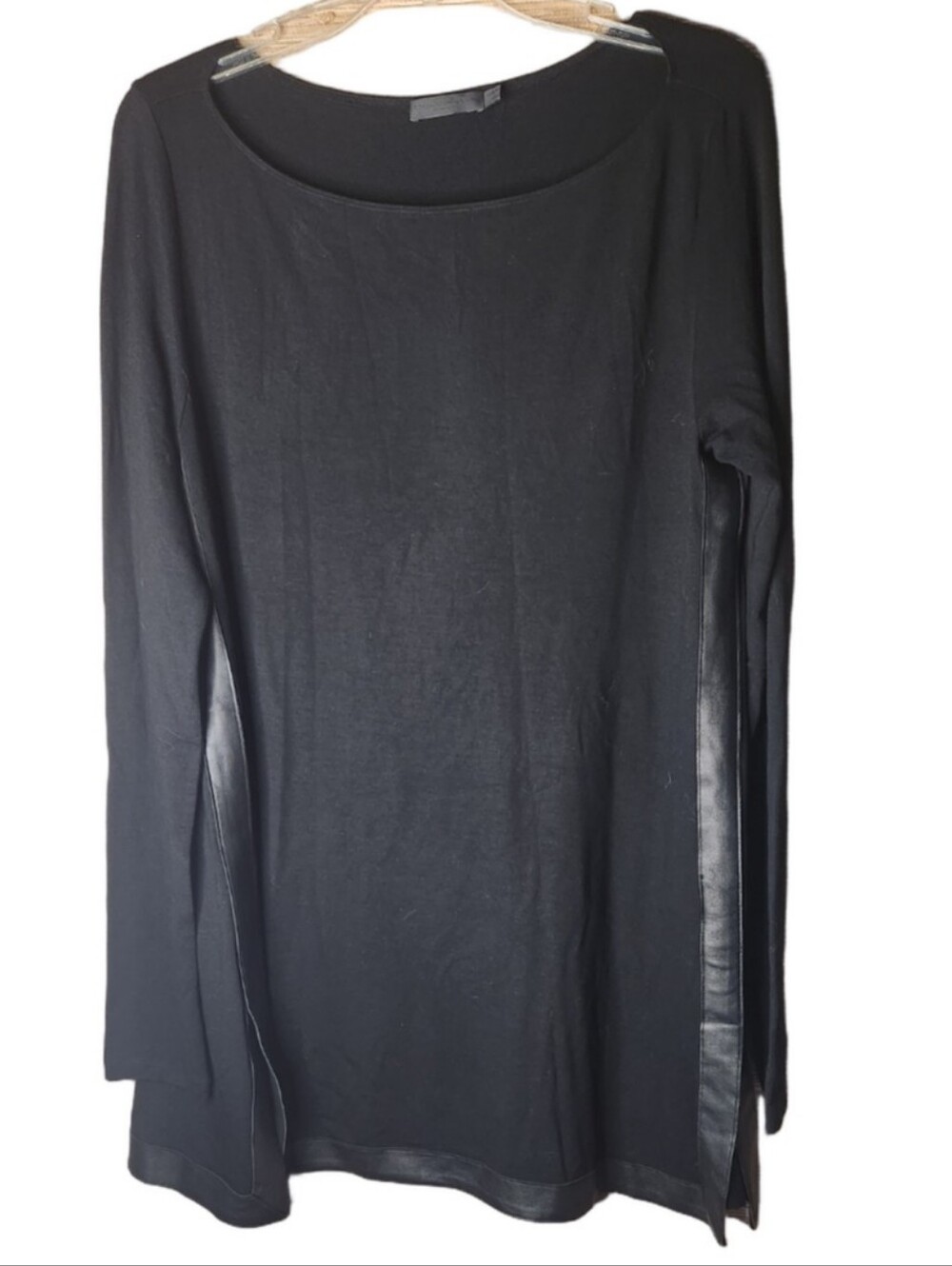 Donna Karan Boat Neck Long Sleeve Black Tunic Top with Lamb Leather Trim Large